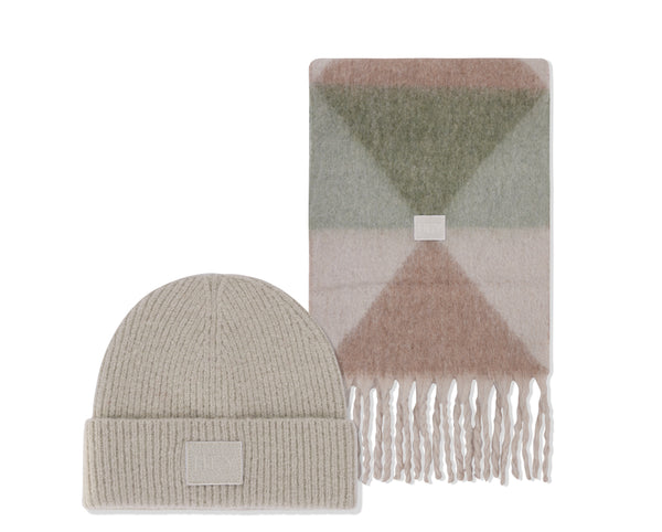 Hey Beanie & Cozy Scarf - Greige / Green